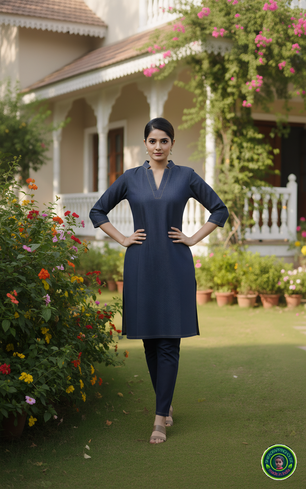 Midnight Navy Soft-Denim Kurta | Minimalist Gold-Stitch Straight Tunic