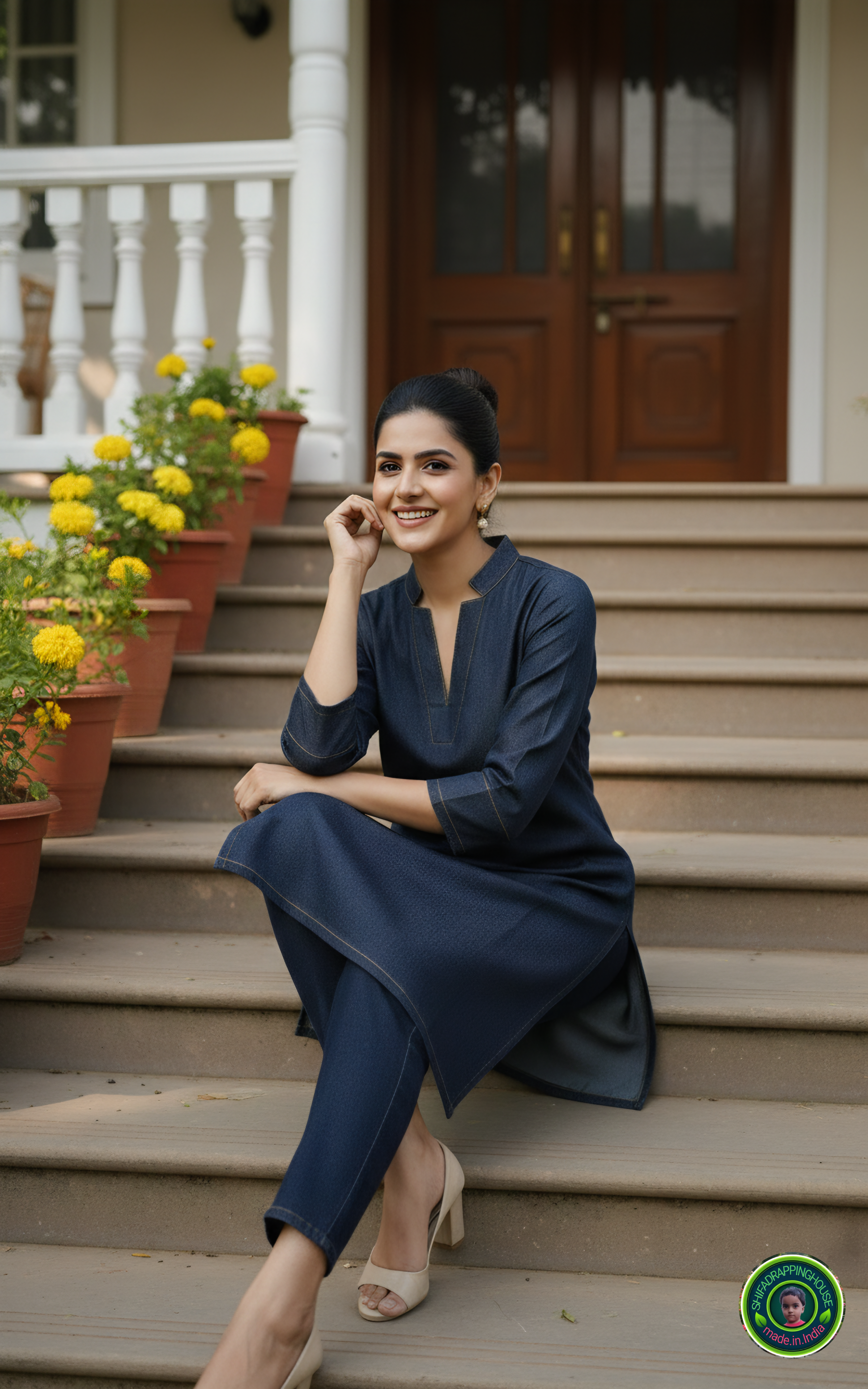 Midnight Navy Soft-Denim Kurta | Minimalist Gold-Stitch Straight Tunic