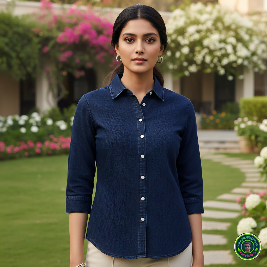 Executive Navy Soft-Denim Shirt | Contrast Button 3/4 Sleeve Office Wear