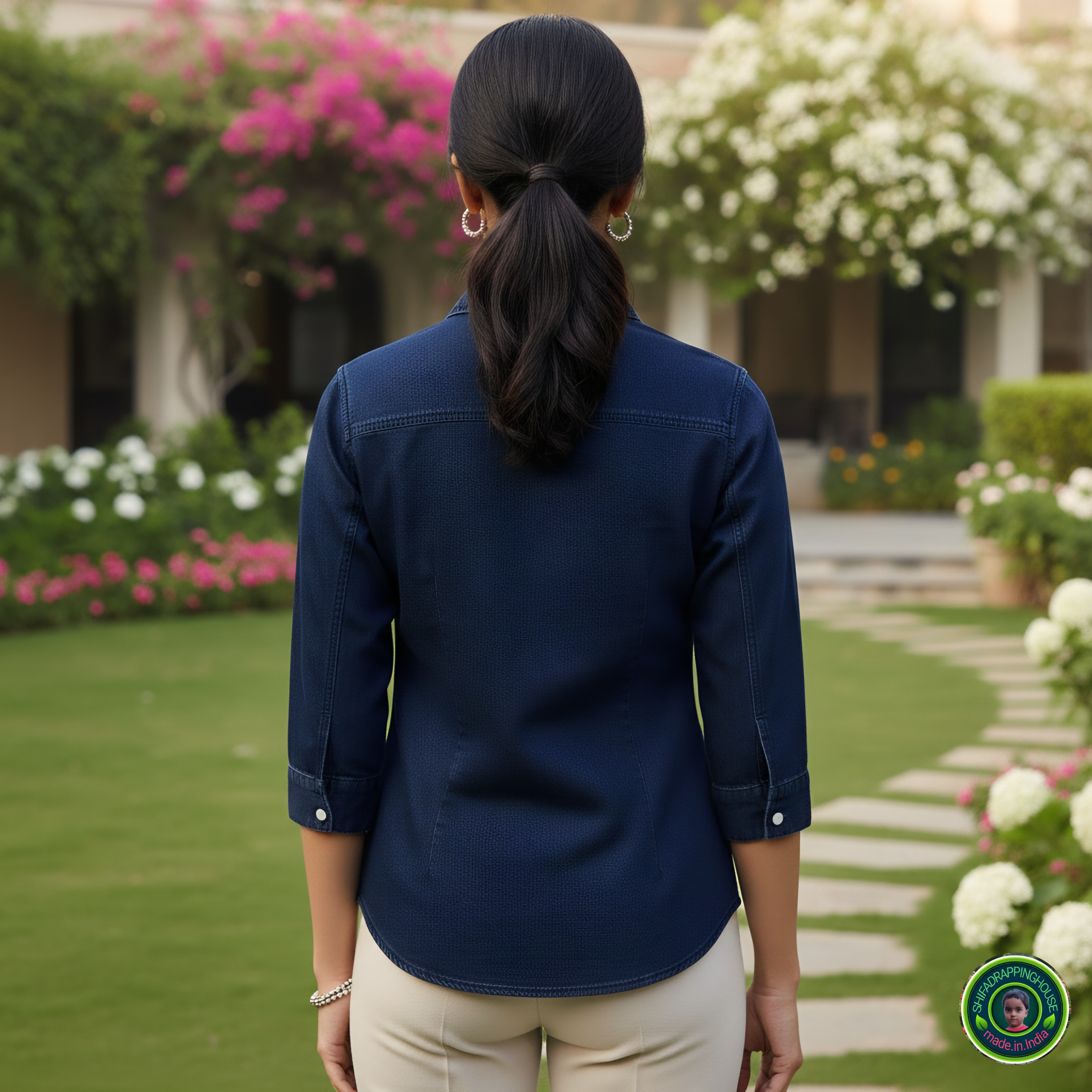 Executive Navy Soft-Denim Shirt | Contrast Button 3/4 Sleeve Office Wear