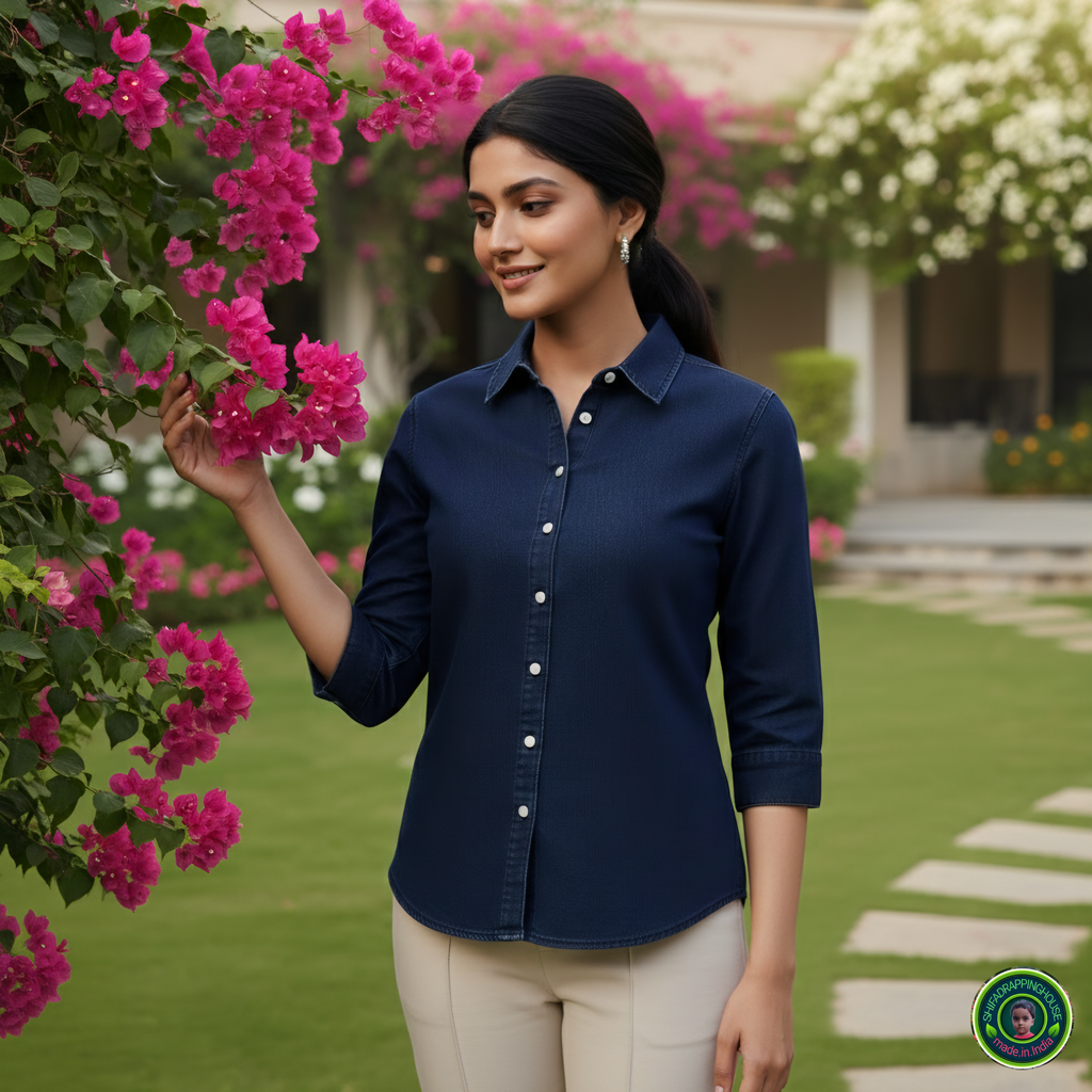 Executive Navy Soft-Denim Shirt | Contrast Button 3/4 Sleeve Office Wear