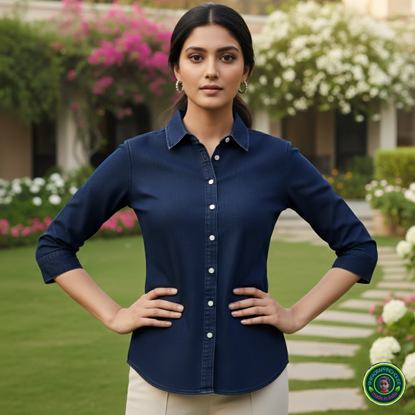 Executive Navy Soft-Denim Shirt | Contrast Button 3/4 Sleeve Office Wear