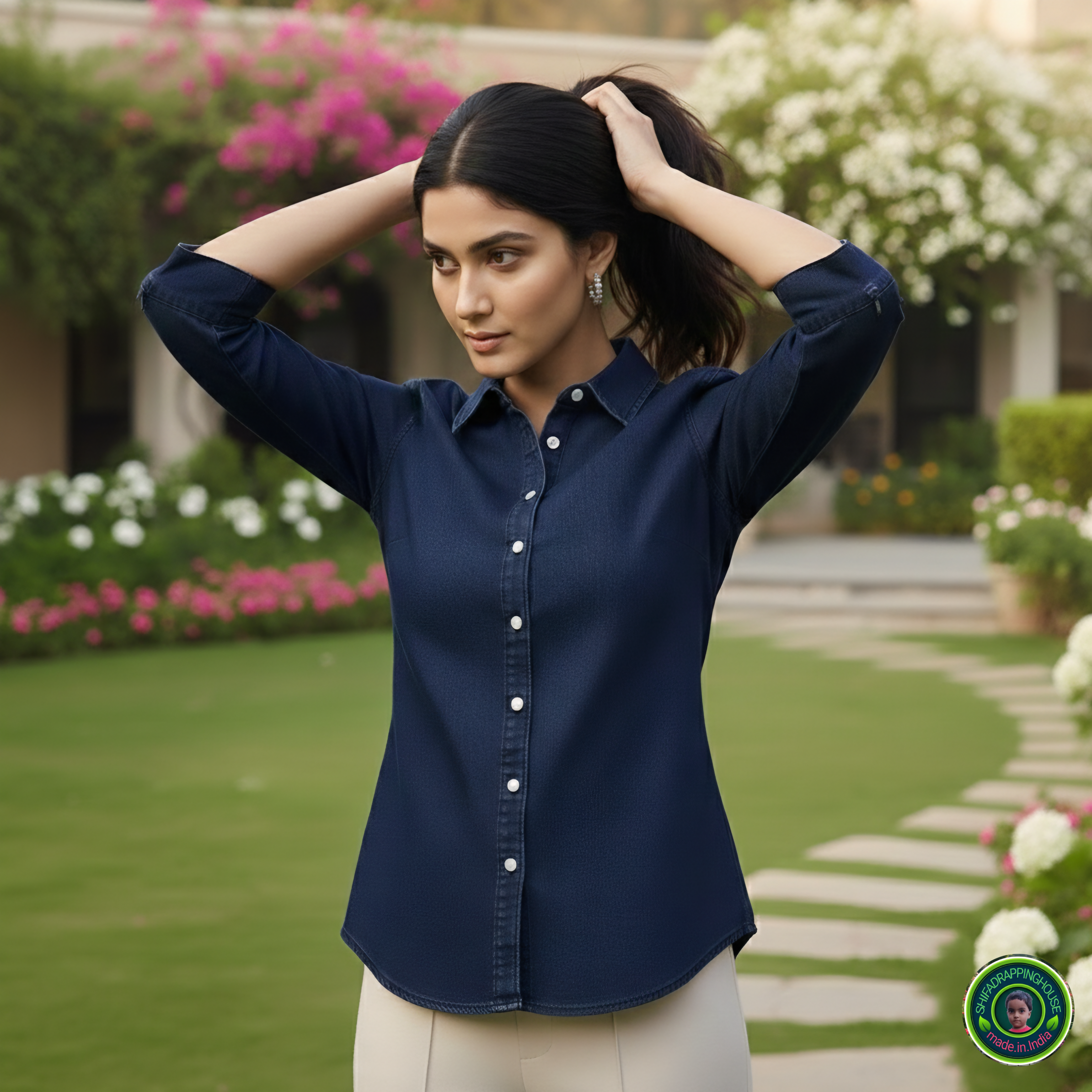 Executive Navy Soft-Denim Shirt | Contrast Button 3/4 Sleeve Office Wear