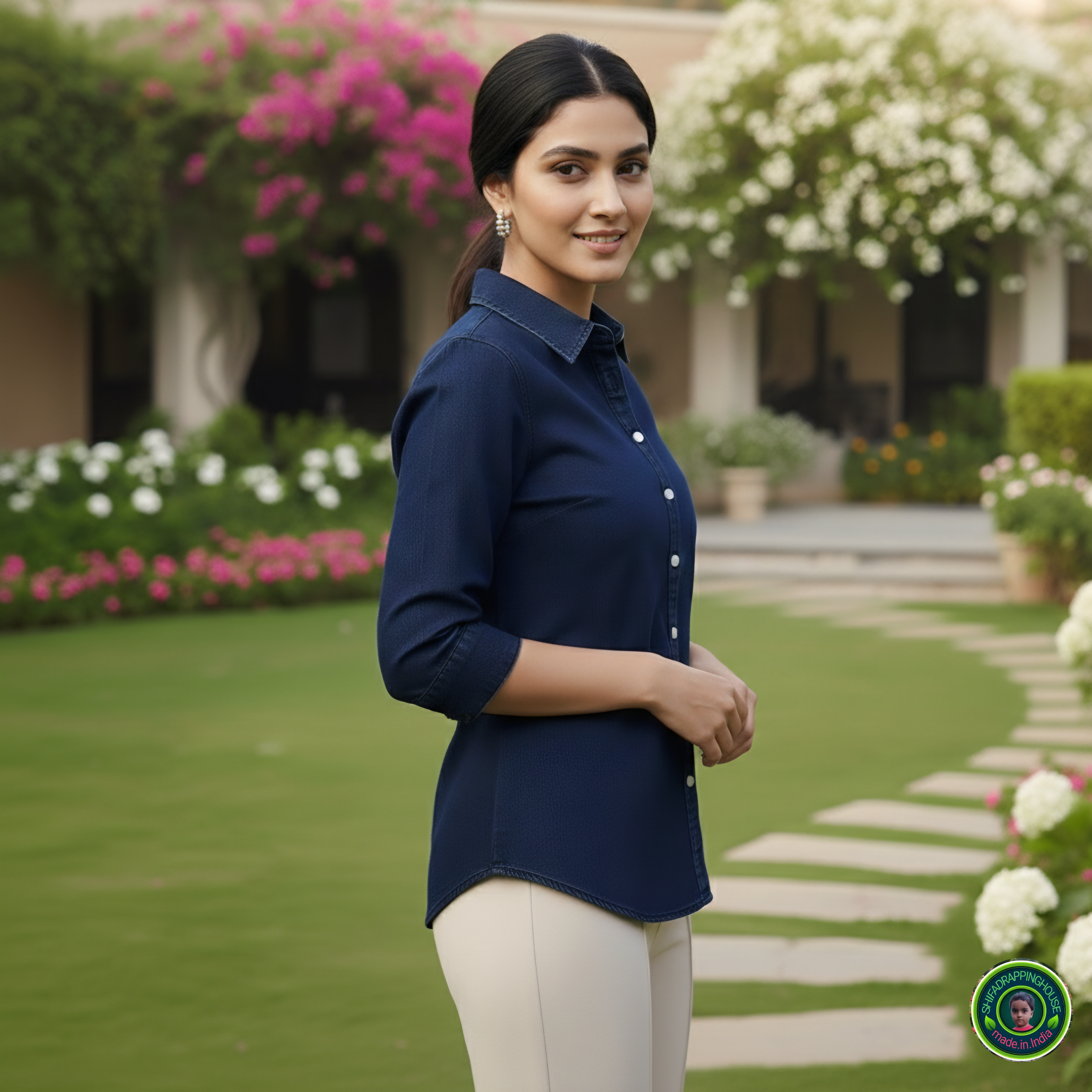 Executive Navy Soft-Denim Shirt | Contrast Button 3/4 Sleeve Office Wear