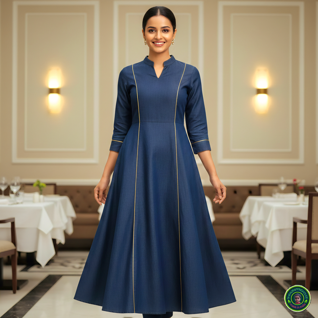 Premium A-Line Soft Denim Princess-Cut Kurta with Gold Piping & Mandarin Collar