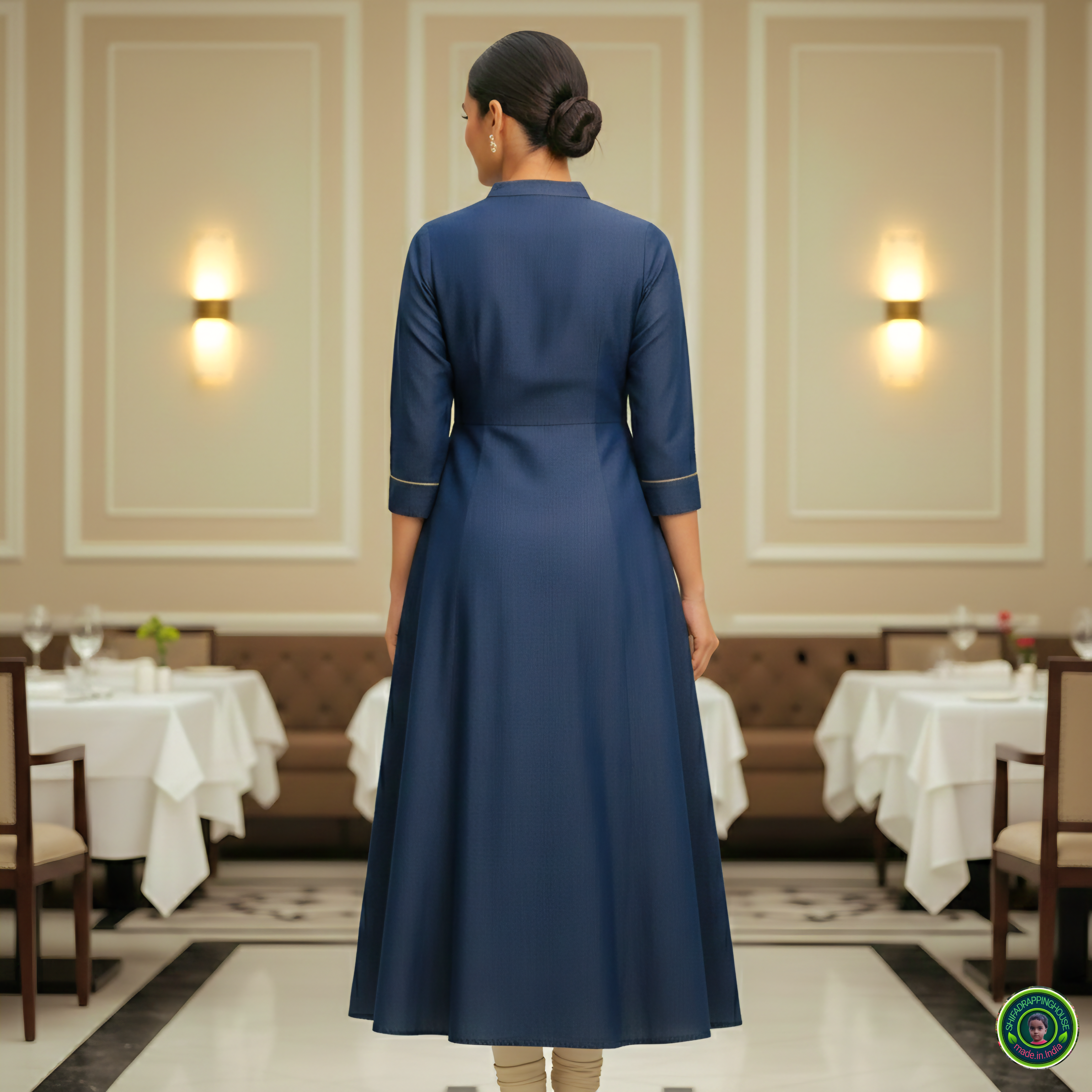 Premium A-Line Soft Denim Princess-Cut Kurta with Gold Piping & Mandarin Collar