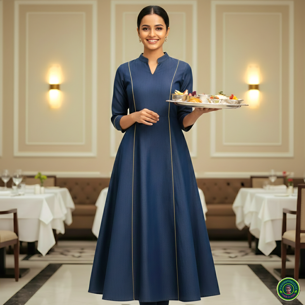 Premium A-Line Soft Denim Princess-Cut Kurta with Gold Piping & Mandarin Collar
