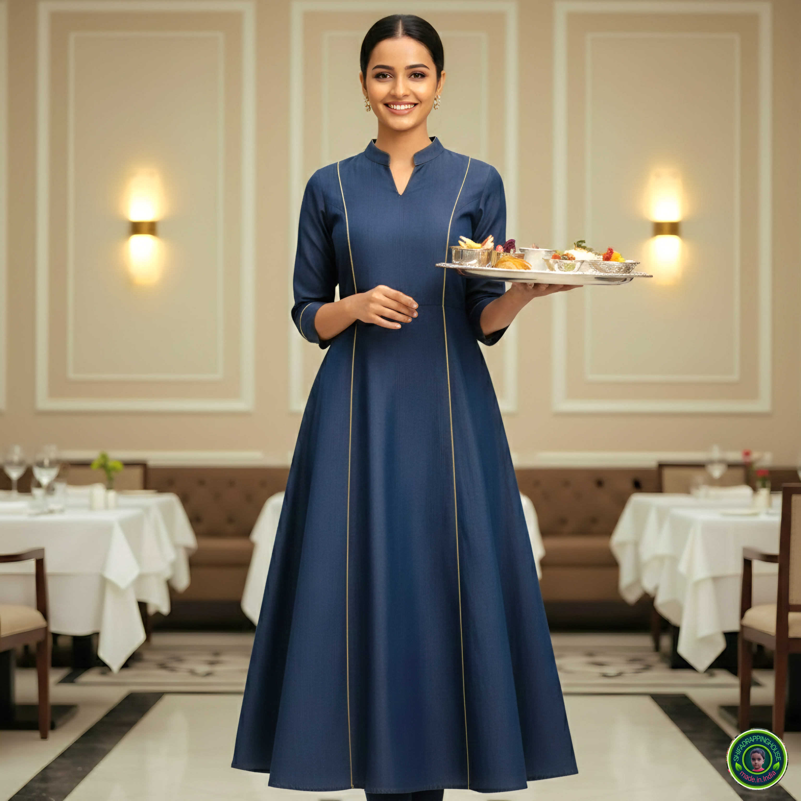 Premium A-Line Soft Denim Princess-Cut Kurta with Gold Piping & Mandarin Collar