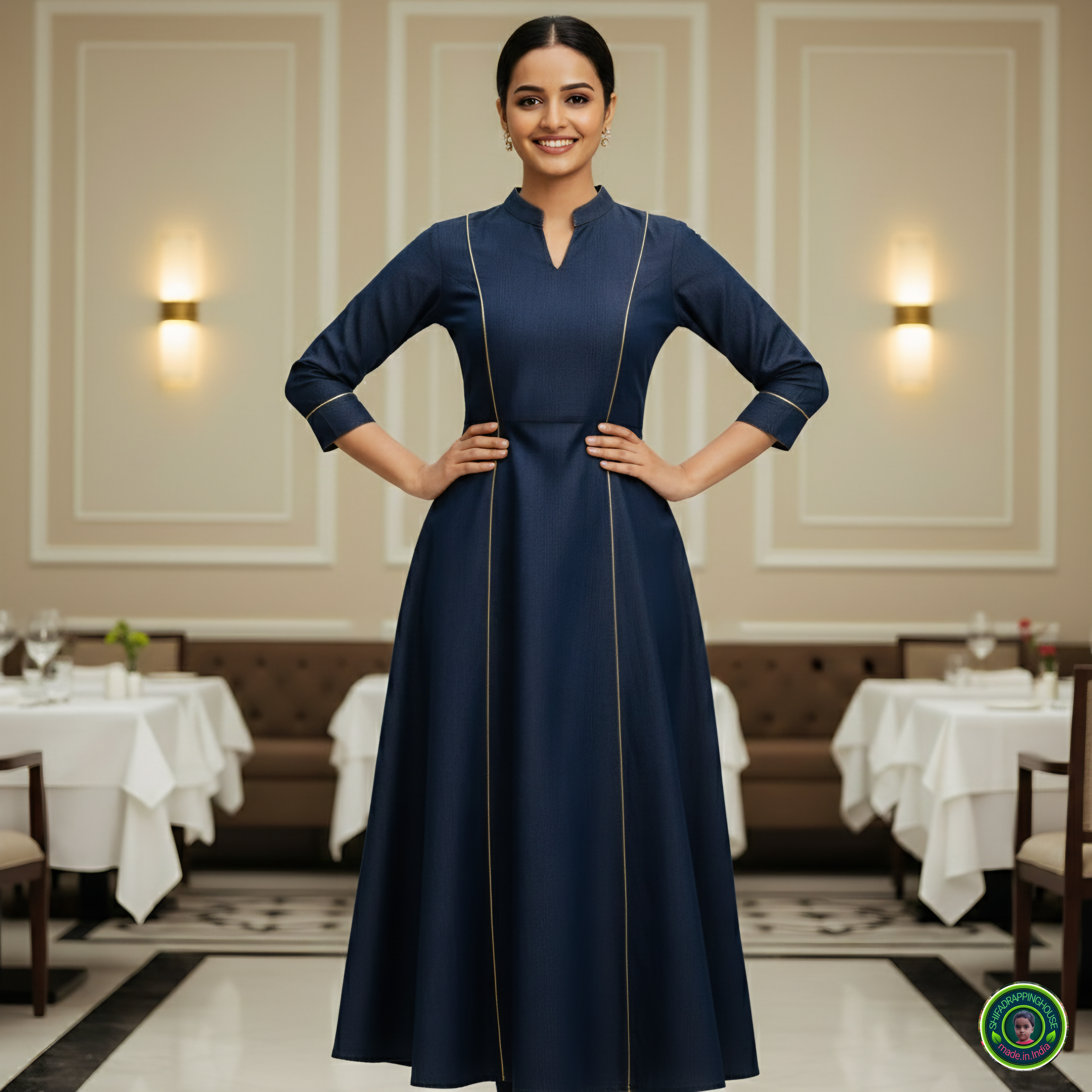 Premium A-Line Soft Denim Princess-Cut Kurta with Gold Piping & Mandarin Collar