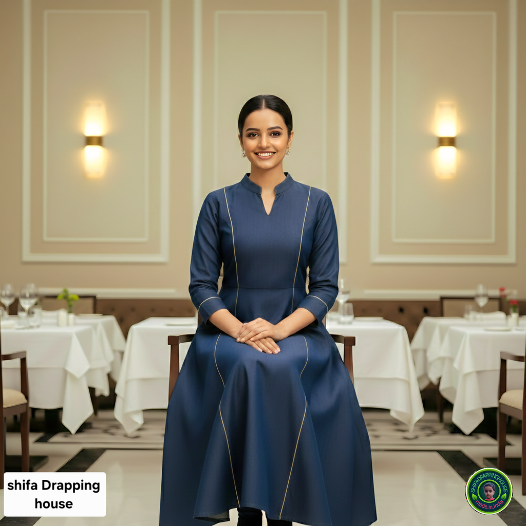 Premium A-Line Soft Denim Princess-Cut Kurta with Gold Piping & Mandarin Collar