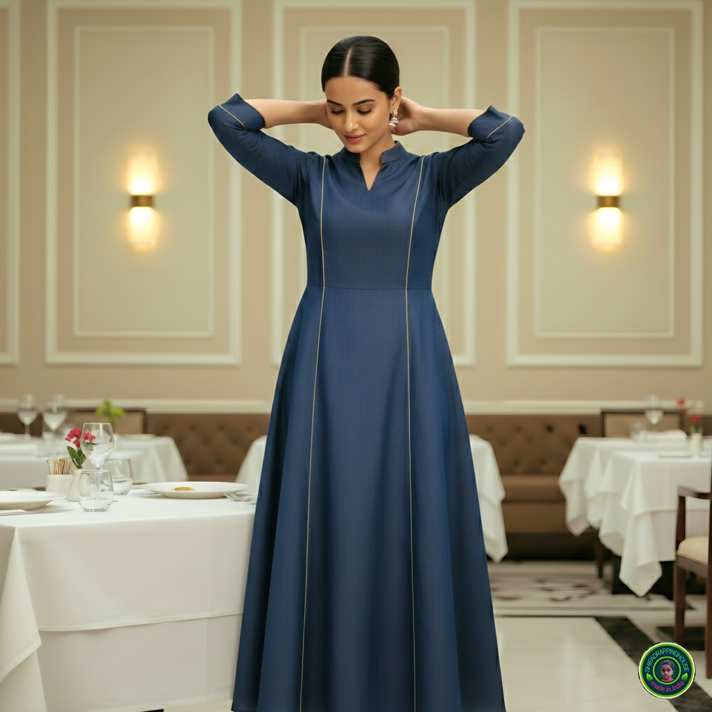 Premium A-Line Soft Denim Princess-Cut Kurta with Gold Piping & Mandarin Collar