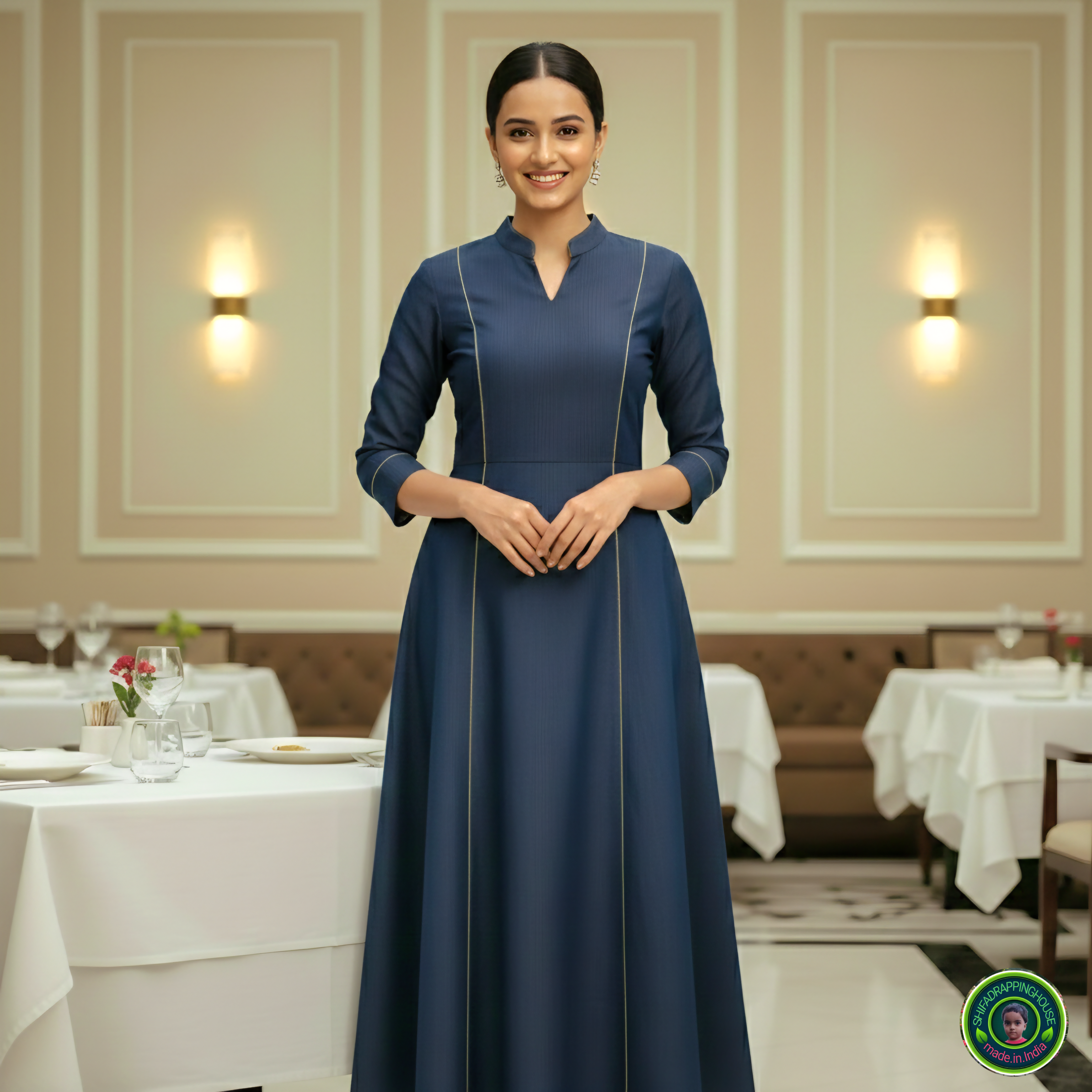 Premium A-Line Soft Denim Princess-Cut Kurta with Gold Piping & Mandarin Collar