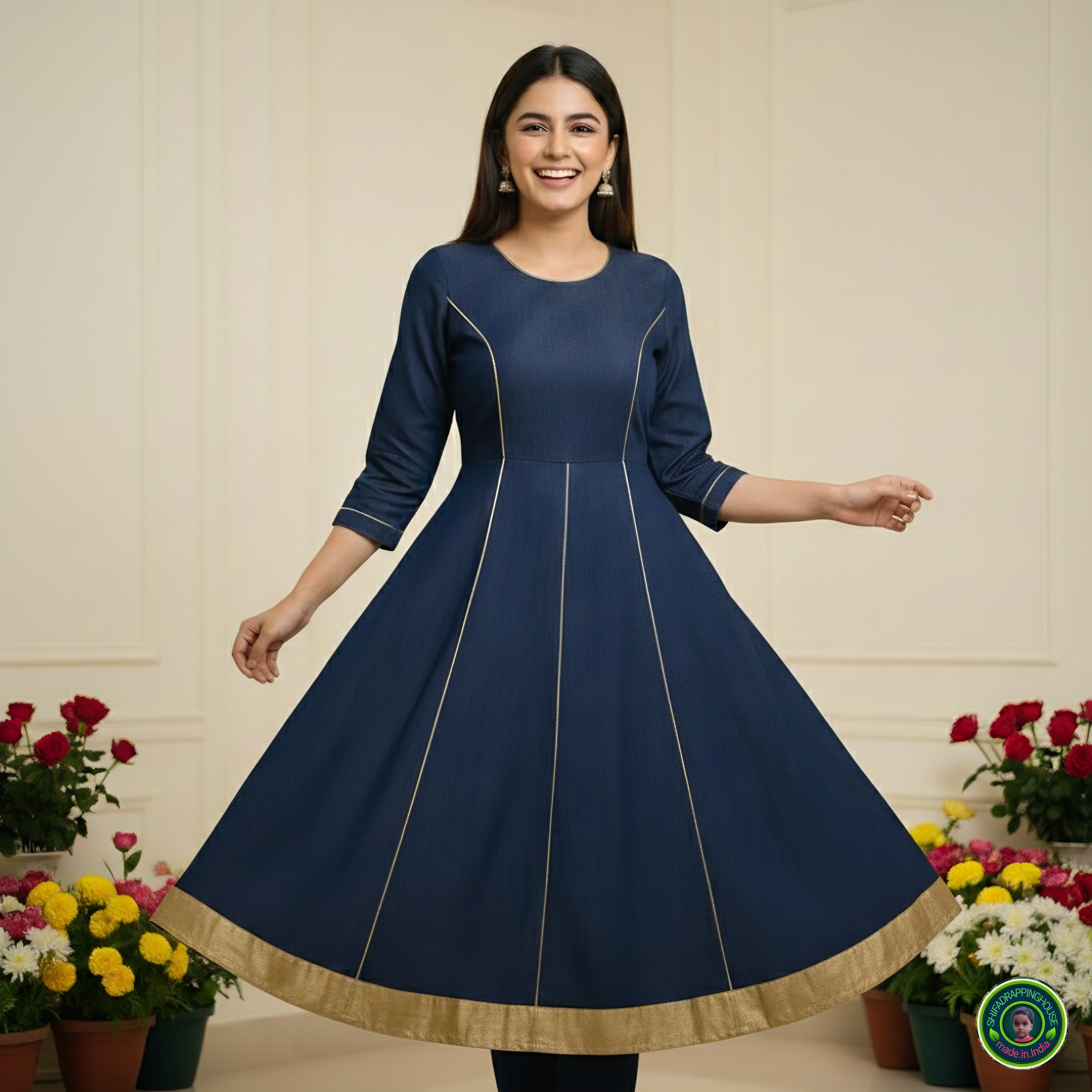 Premium Soft Denim Princess-Cut Kali Midi Dress with Gold Piping