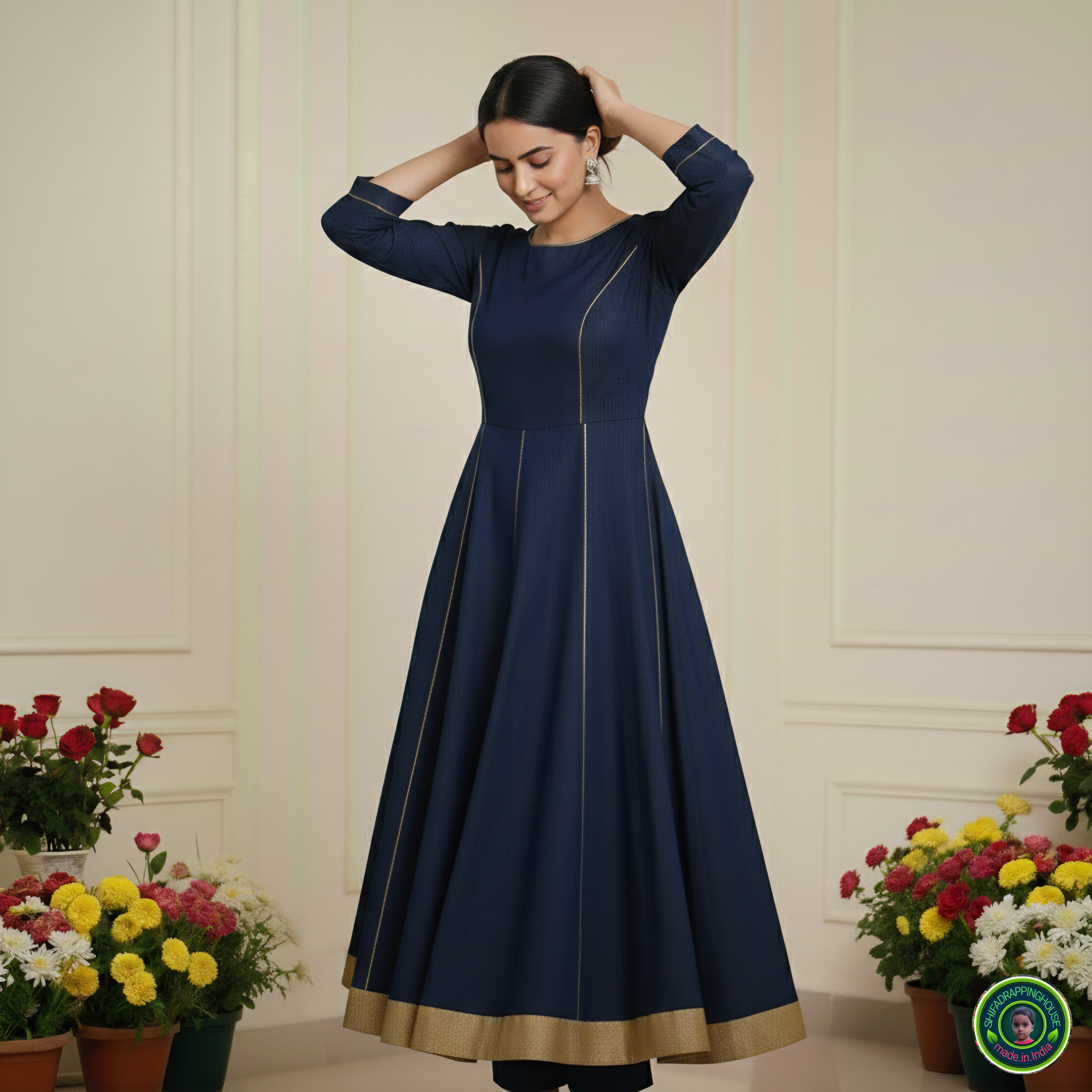 Premium Soft Denim Princess-Cut Kali Midi Dress with Gold Piping