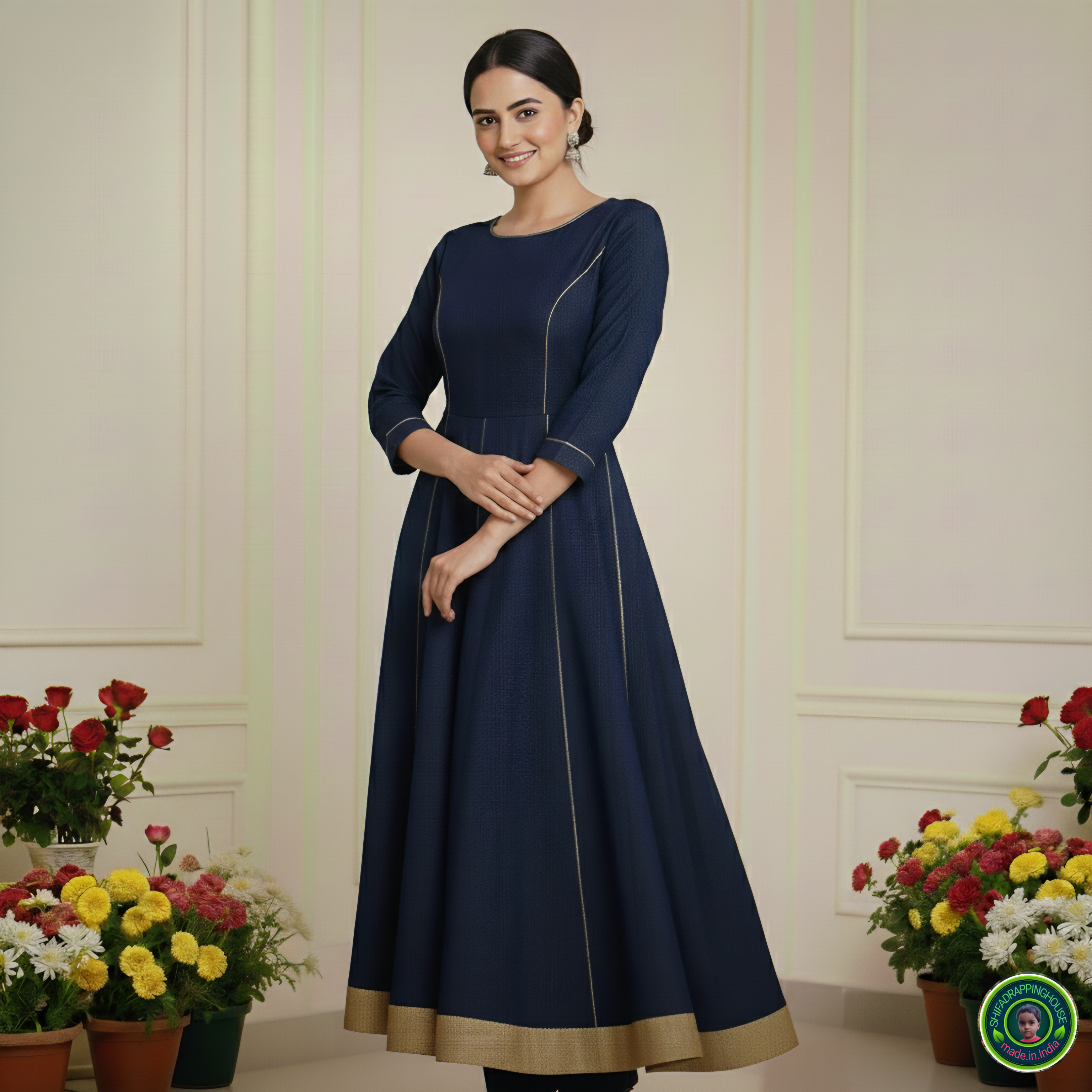 Premium Soft Denim Princess-Cut Kali Midi Dress with Gold Piping