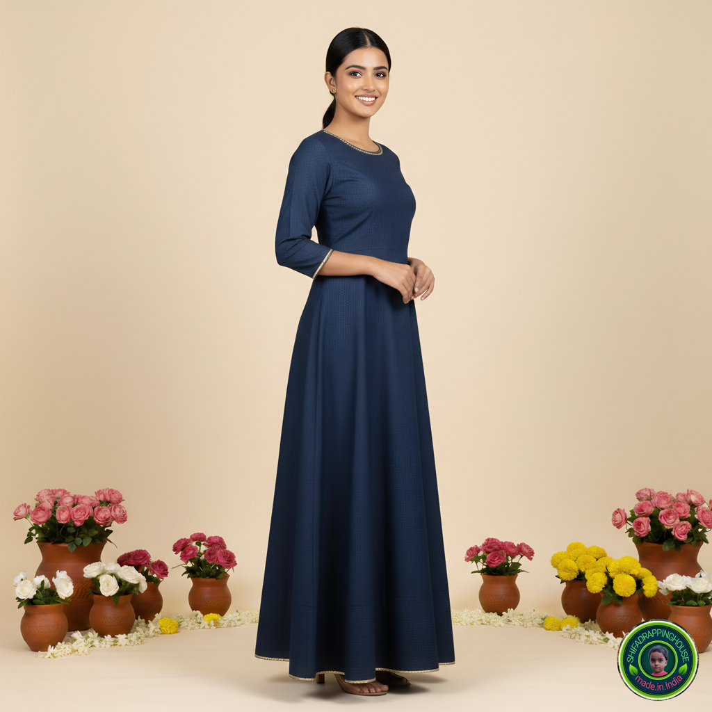 Premium Soft Denim Cross-Flare Gown with Gold Lace Accents & Invisible Back Zip