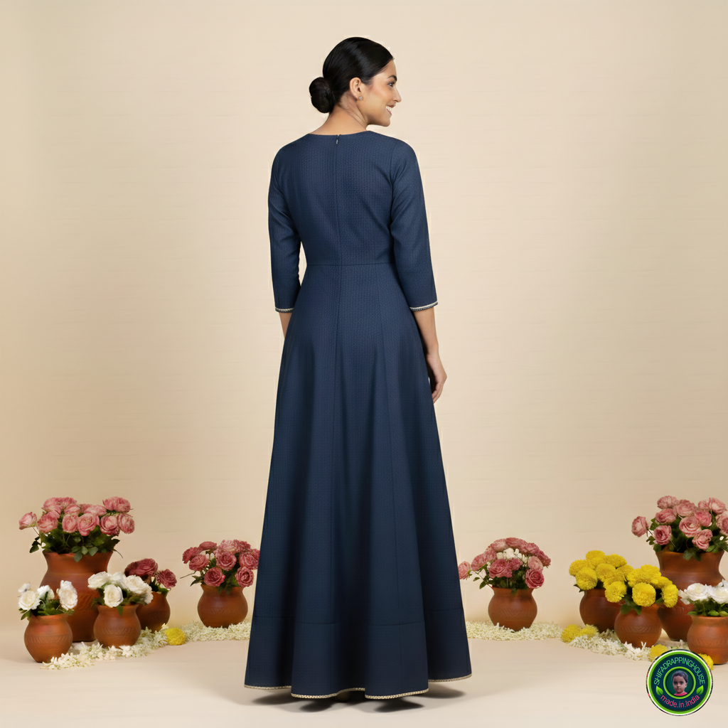 Premium Soft Denim Cross-Flare Gown with Gold Lace Accents & Invisible Back Zip
