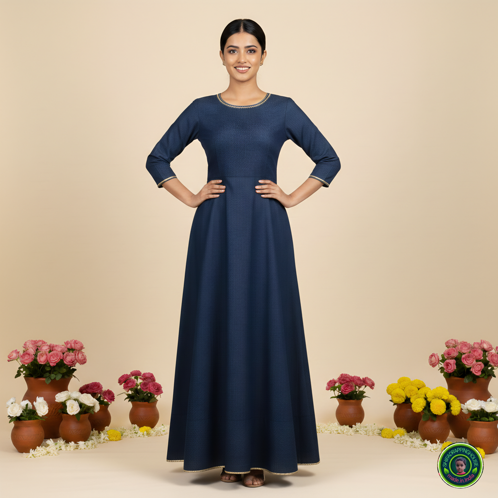 Premium Soft Denim Cross-Flare Gown with Gold Lace Accents & Invisible Back Zip
