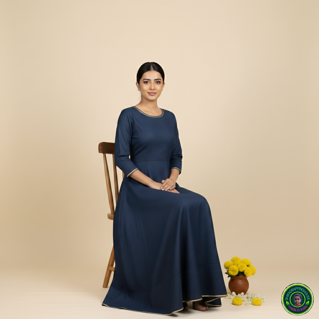 Premium Soft Denim Cross-Flare Gown with Gold Lace Accents & Invisible Back Zip