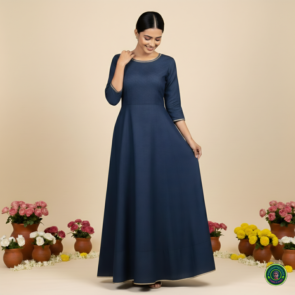 Premium Soft Denim Cross-Flare Gown with Gold Lace Accents & Invisible Back Zip
