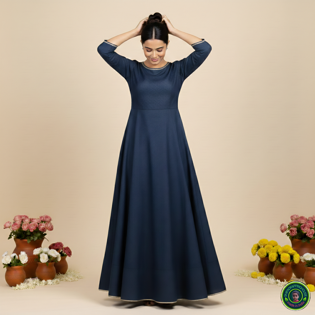 Premium Soft Denim Cross-Flare Gown with Gold Lace Accents & Invisible Back Zip