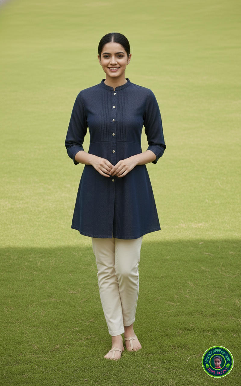 Imperial Sapphire Denim Tunic – Mandarin Collar with Pintex Detailing & 3/4th Sleeves