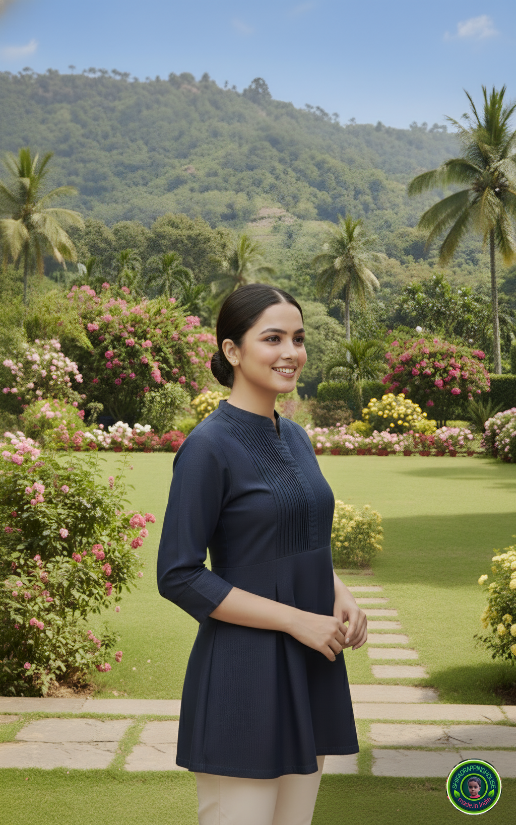 Premium Soft Denim Pintuck Yoke Top with Box Pleat Flare & Mandarin Collar