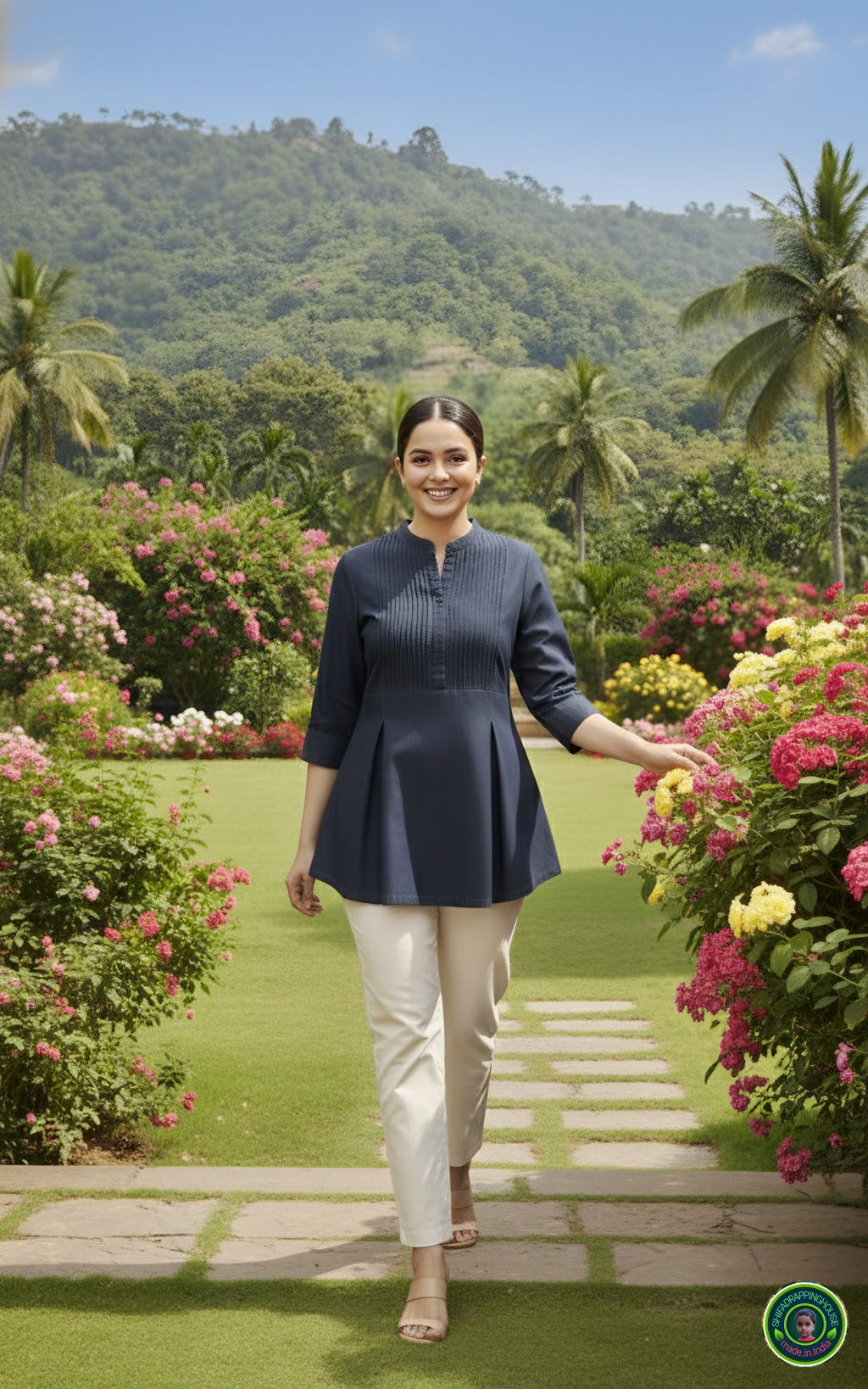Premium Soft Denim Pintuck Yoke Top with Box Pleat Flare & Mandarin Collar