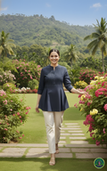 Premium Soft Denim Pintuck Yoke Top with Box Pleat Flare & Mandarin Collar