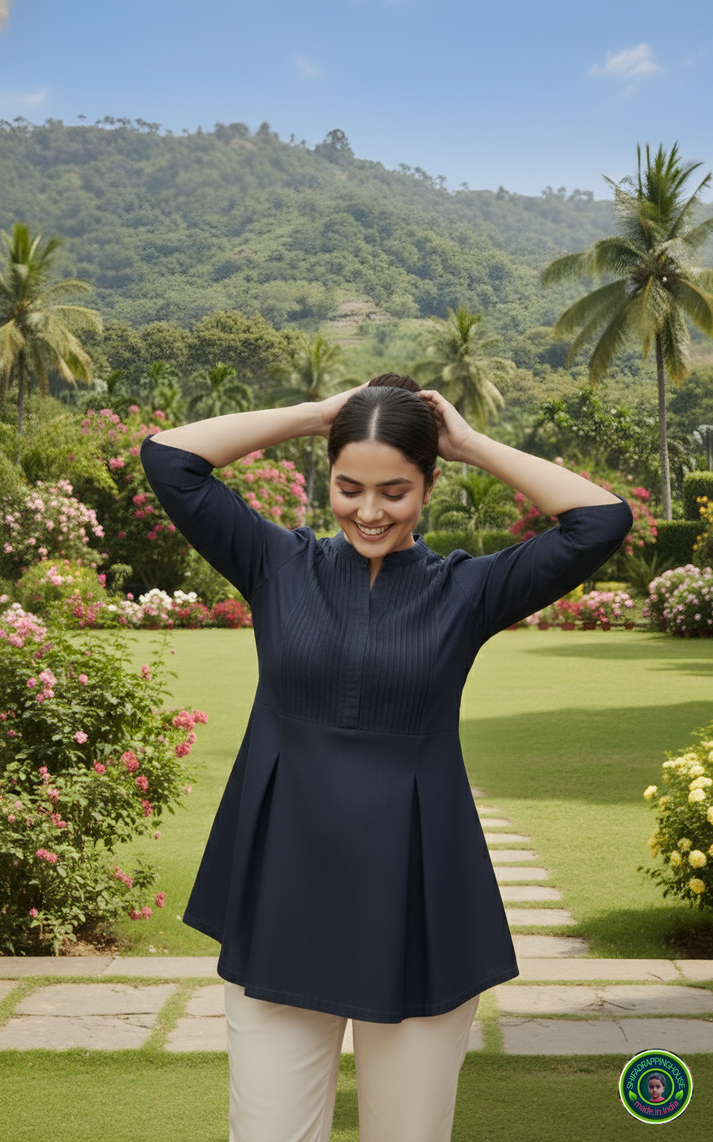 Premium Soft Denim Pintuck Yoke Top with Box Pleat Flare & Mandarin Collar