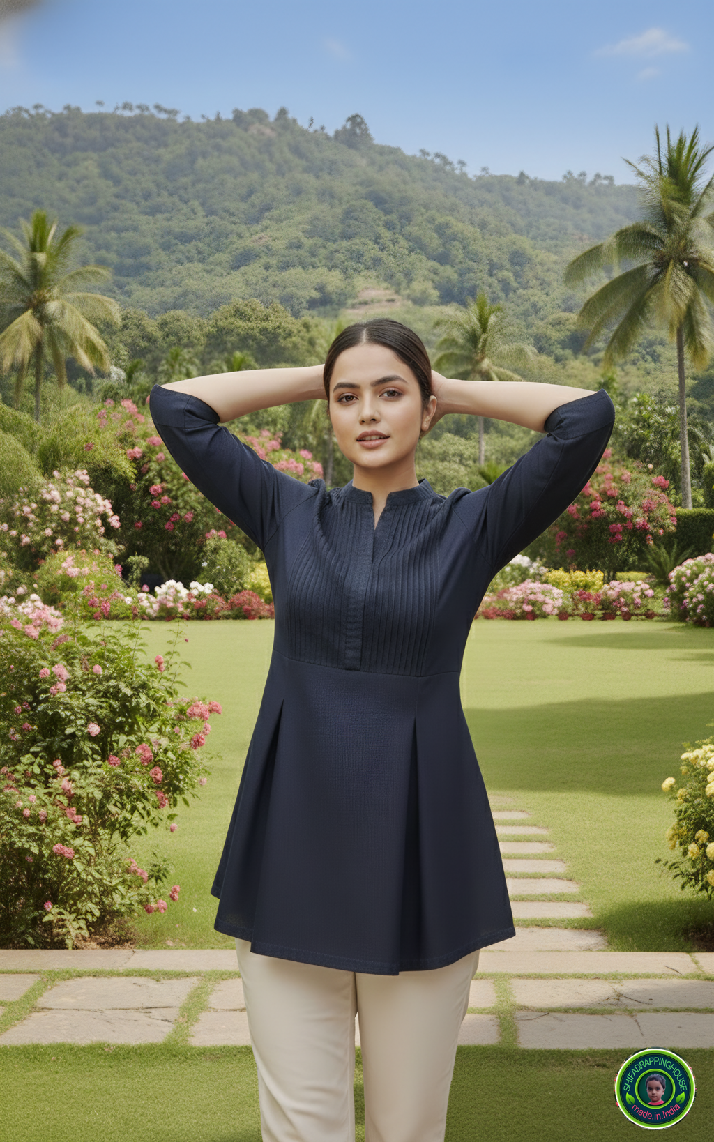 Premium Soft Denim Pintuck Yoke Top with Box Pleat Flare & Mandarin Collar