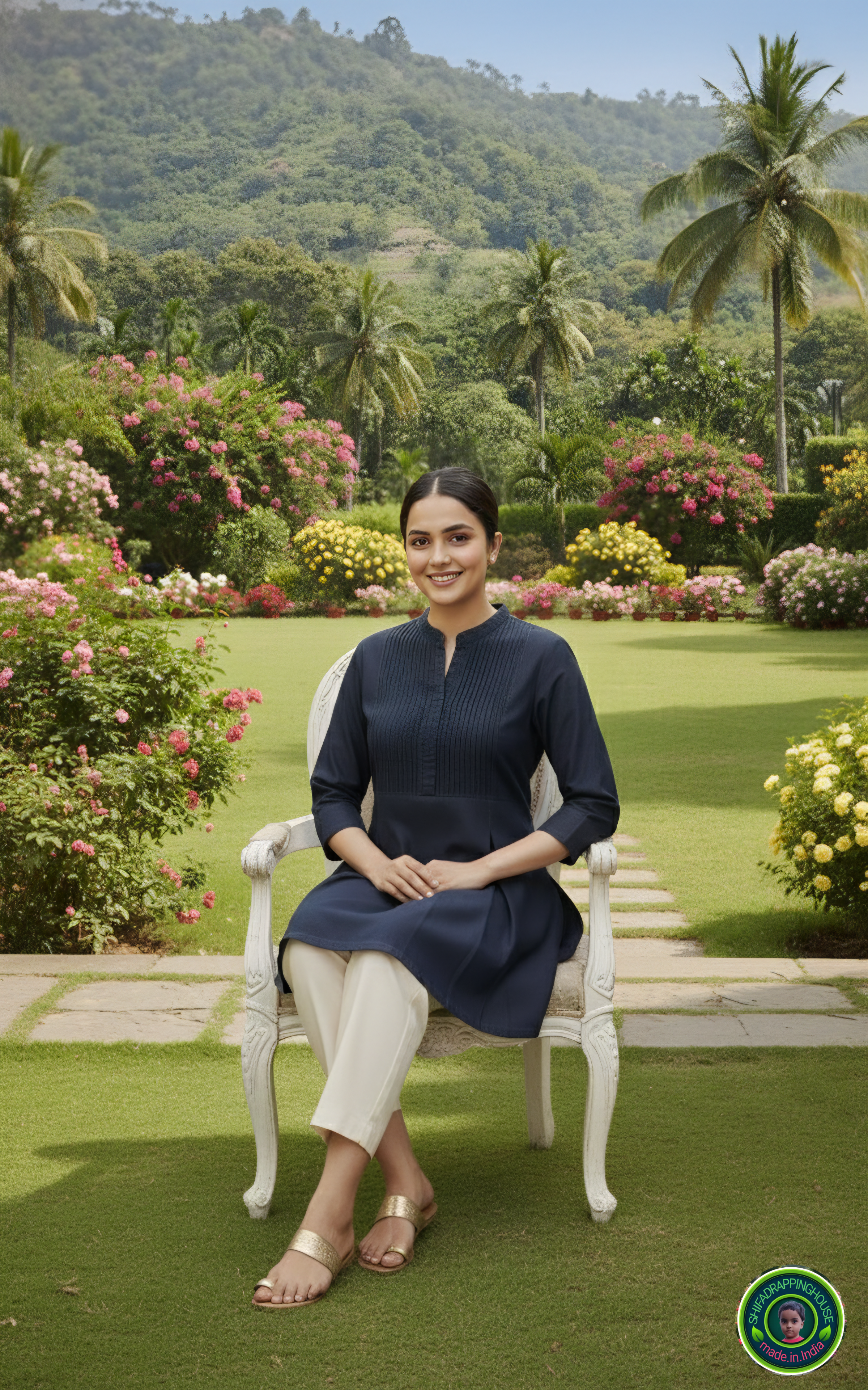 Premium Soft Denim Pintuck Yoke Top with Box Pleat Flare & Mandarin Collar