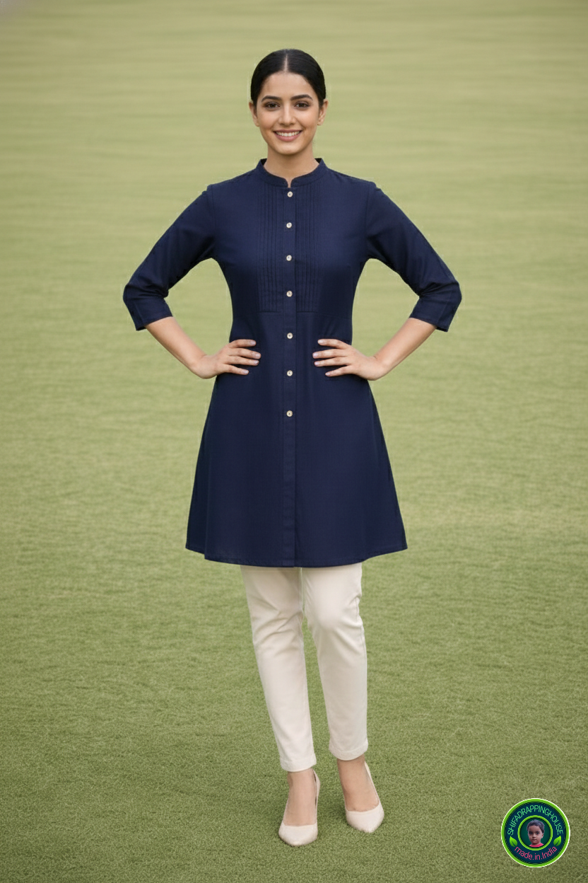 Imperial Sapphire Denim Tunic – Mandarin Collar with Pintex Detailing & 3/4th Sleeves