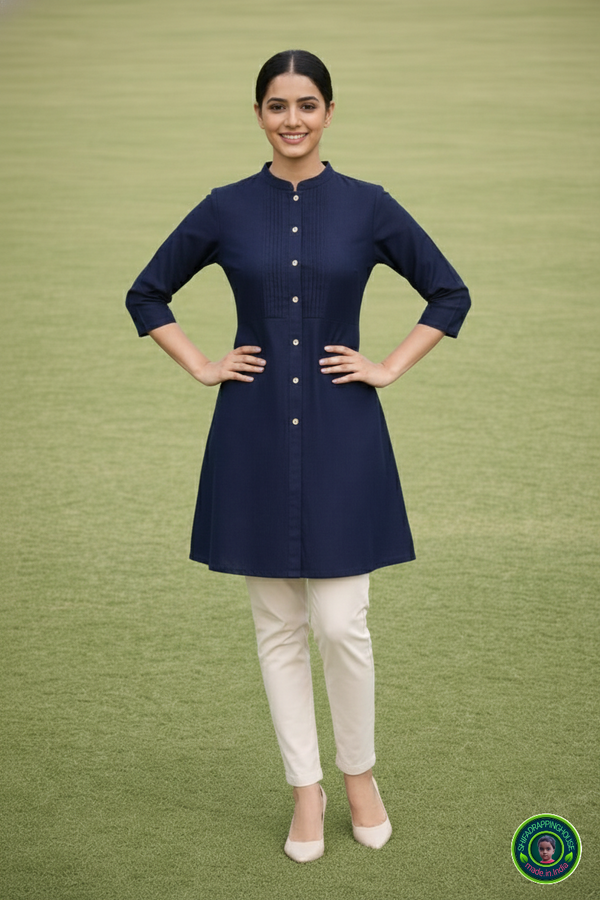 Imperial Sapphire Denim Tunic – Mandarin Collar with Pintex Detailing & 3/4th Sleeves