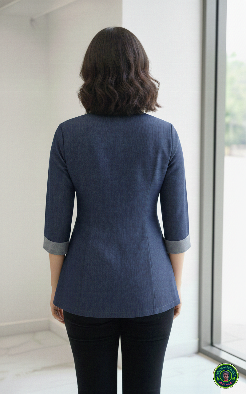 Navy Soft-Denim Pintex Tunic | Designer Box-Pleat Top with Wooden Accents