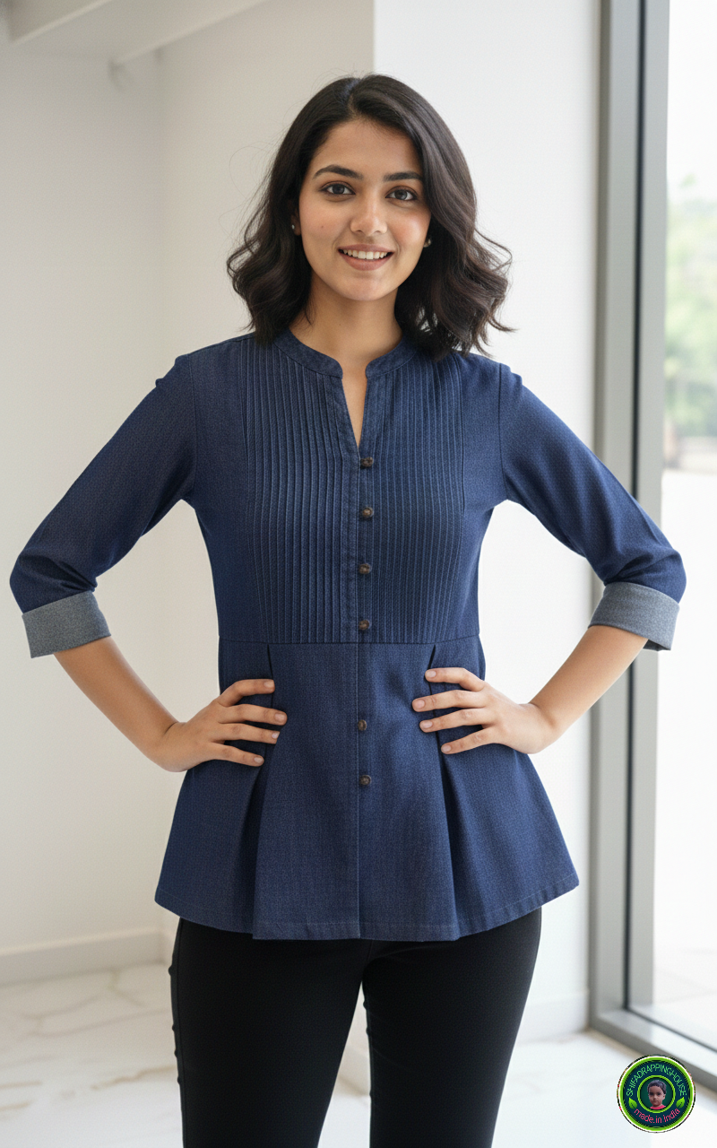 Navy Soft-Denim Pintex Tunic | Designer Box-Pleat Top with Wooden Accents