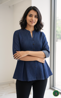 Navy Soft-Denim Pintex Tunic | Designer Box-Pleat Top with Wooden Accents