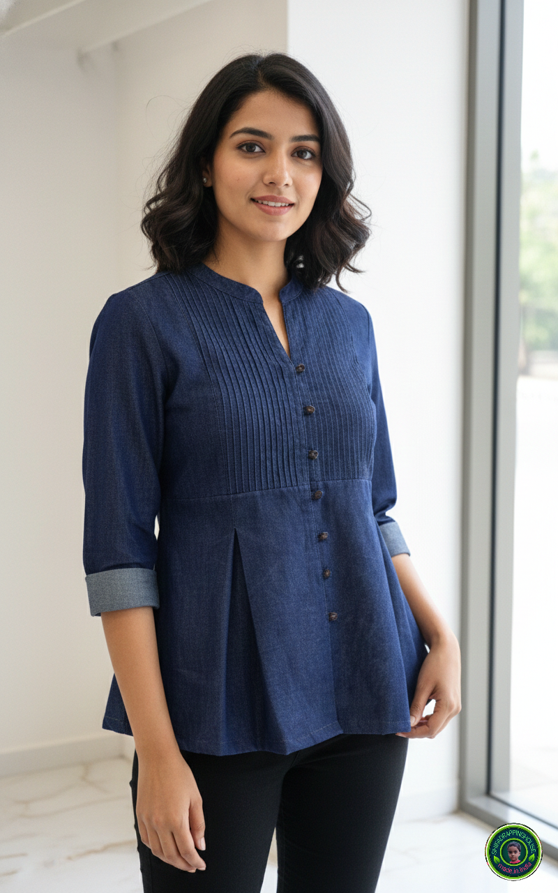 Navy Soft-Denim Pintex Tunic | Designer Box-Pleat Top with Wooden Accents