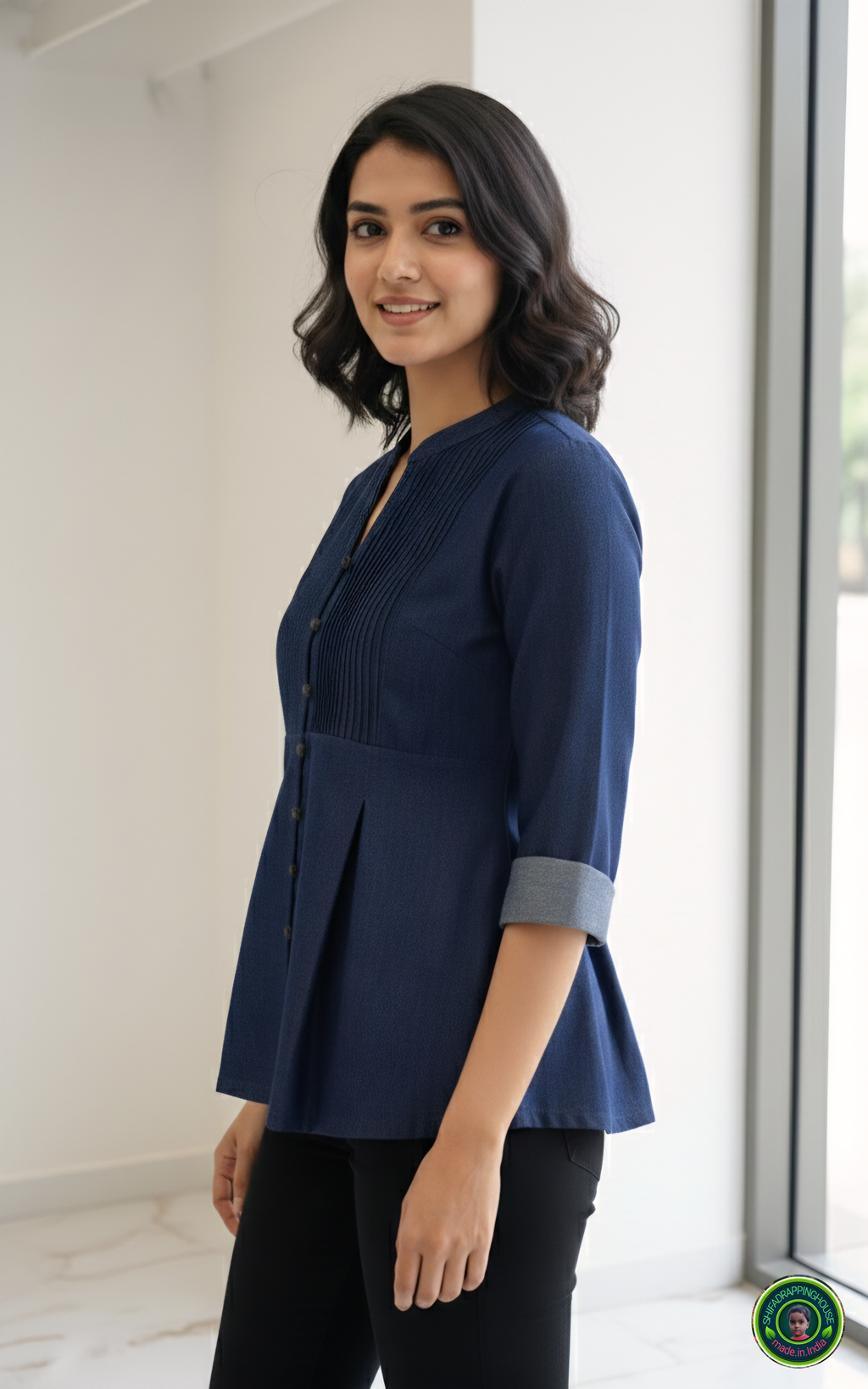 Navy Soft-Denim Pintex Tunic | Designer Box-Pleat Top with Wooden Accents