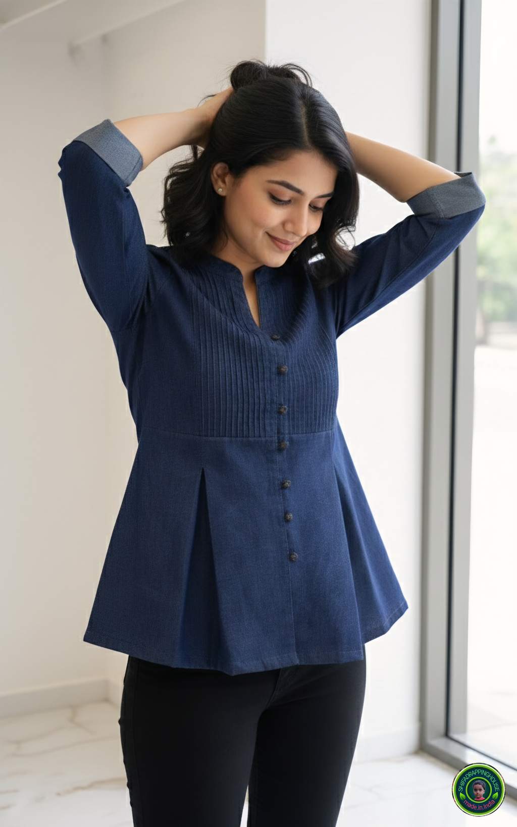 Navy Soft-Denim Pintex Tunic | Designer Box-Pleat Top with Wooden Accents
