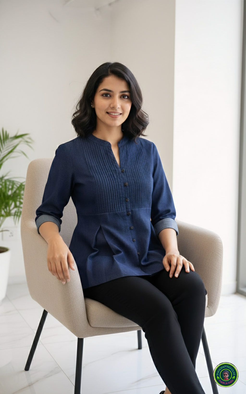 Navy Soft-Denim Pintex Tunic | Designer Box-Pleat Top with Wooden Accents