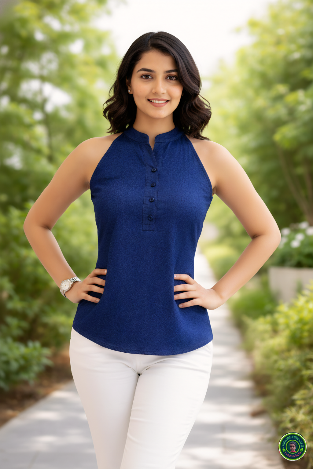 Navy Soft-Denim Halter Tunic | Alternate Mandarin Collar Sleeveless Top