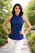 Navy Soft-Denim Halter Tunic | Alternate Mandarin Collar Sleeveless Top