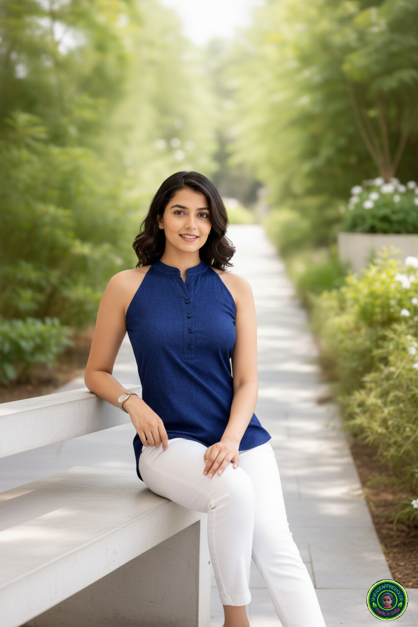 Navy Soft-Denim Halter Tunic | Alternate Mandarin Collar Sleeveless Top