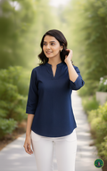 Midnight Navy Soft-Denim V-Neck Tunic | Minimalist Mandarin Collar 3/4 Sleeve Top