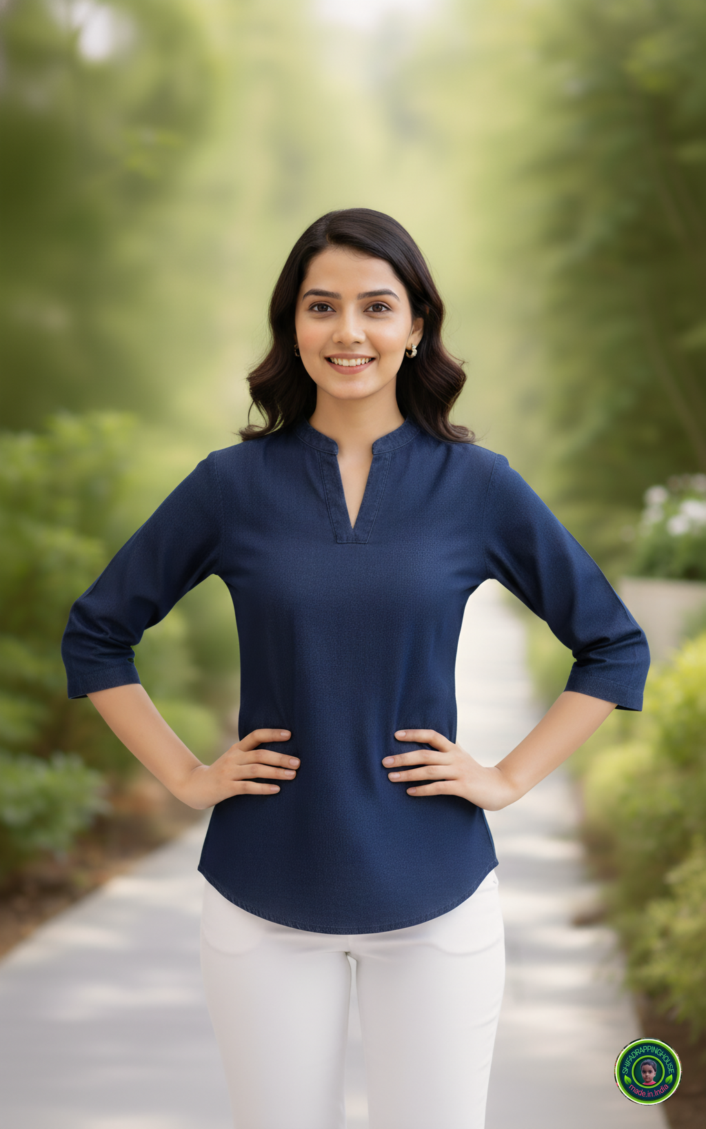 Midnight Navy Soft-Denim V-Neck Tunic | Minimalist Mandarin Collar 3/4 Sleeve Top