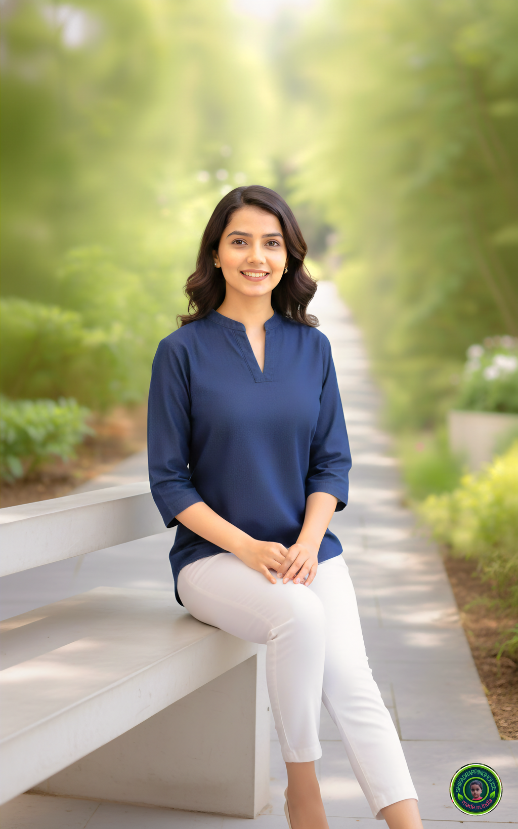 Midnight Navy Soft-Denim V-Neck Tunic | Minimalist Mandarin Collar 3/4 Sleeve Top