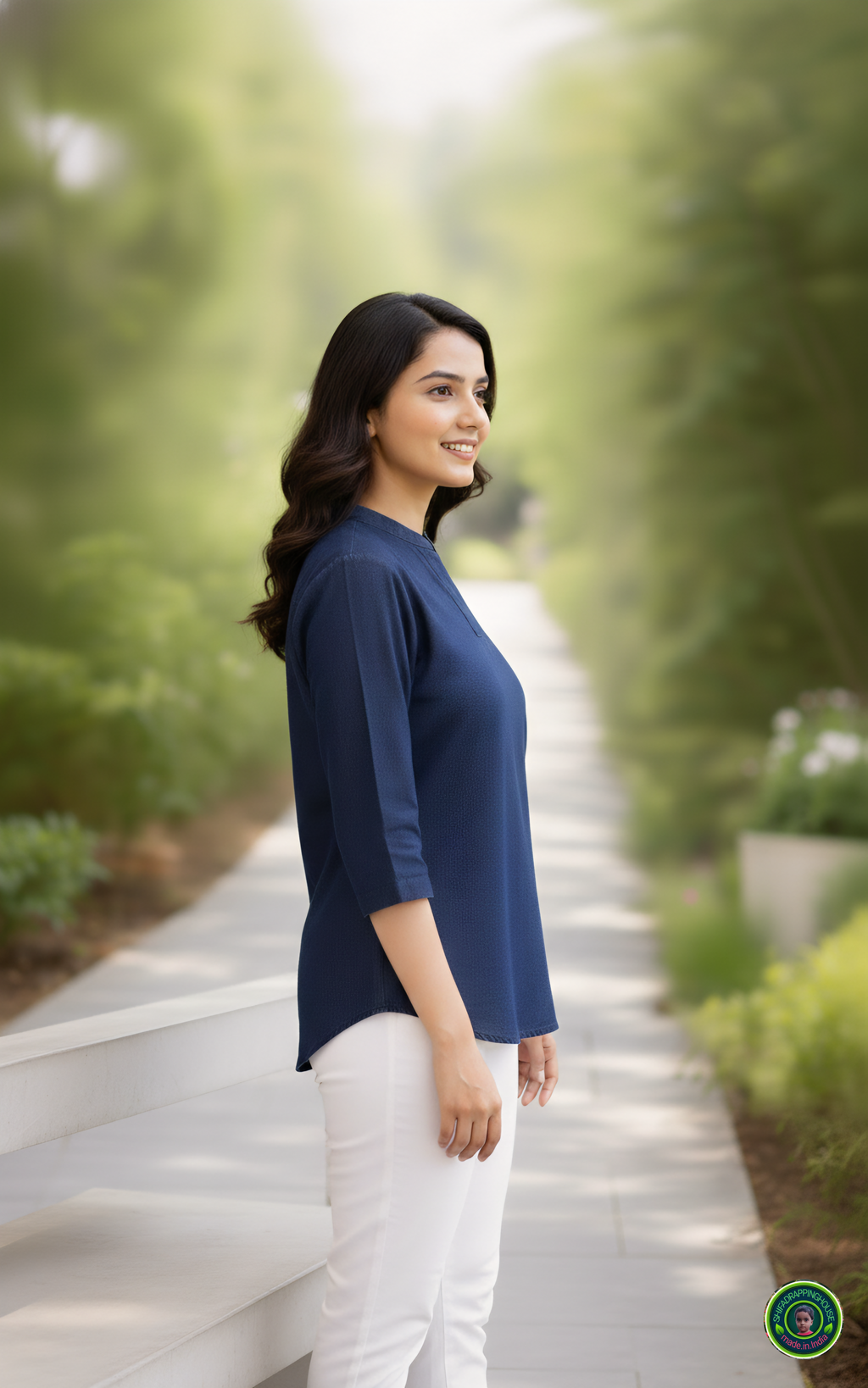 Midnight Navy Soft-Denim V-Neck Tunic | Minimalist Mandarin Collar 3/4 Sleeve Top