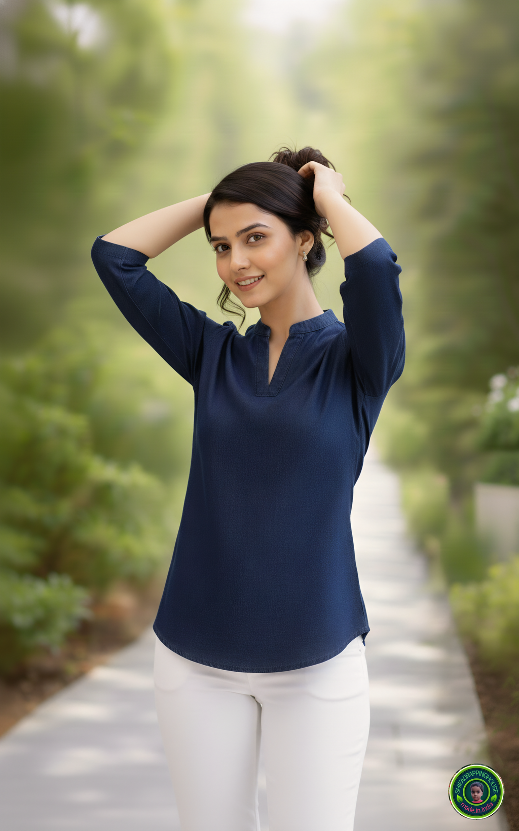 Midnight Navy Soft-Denim V-Neck Tunic | Minimalist Mandarin Collar 3/4 Sleeve Top