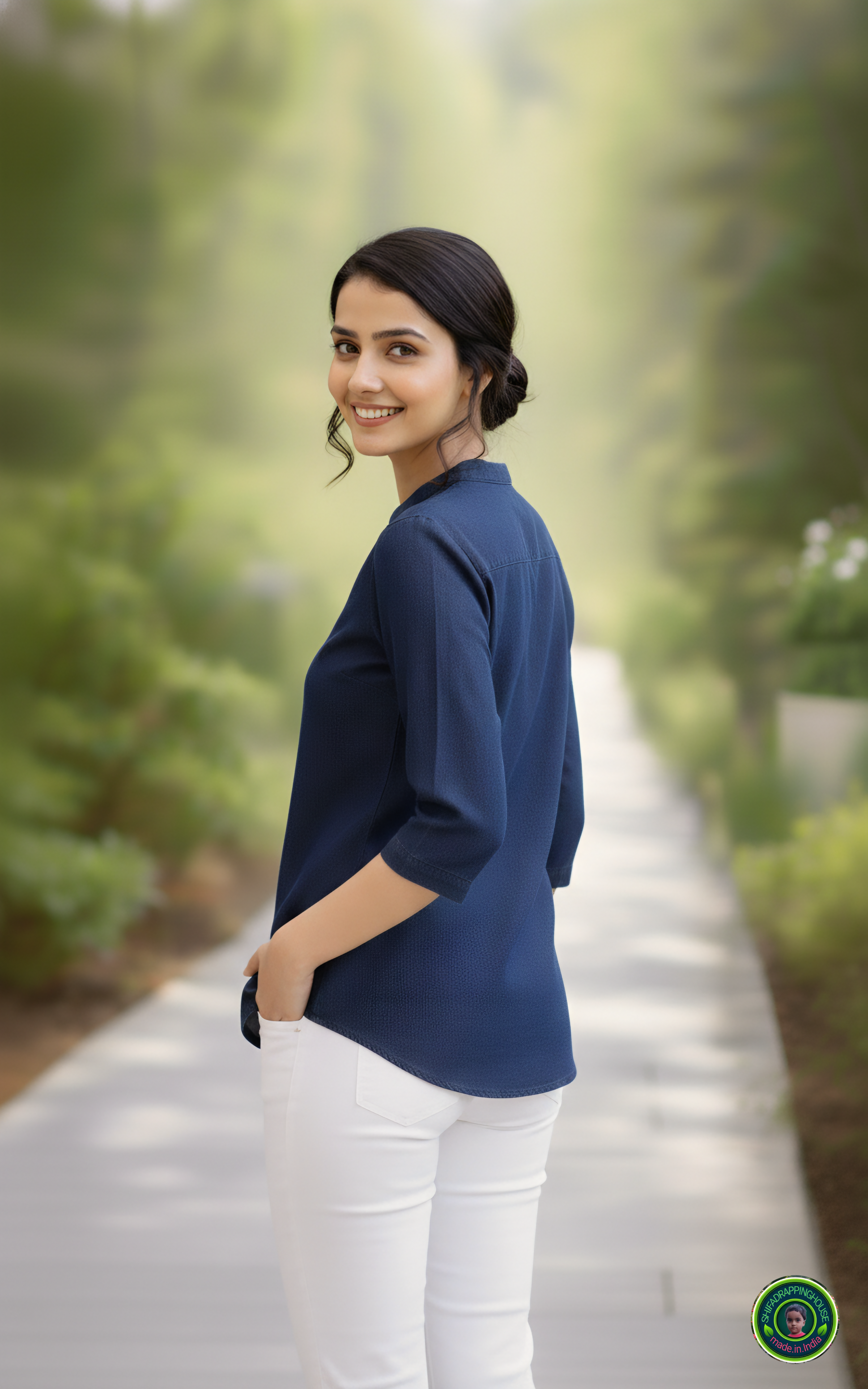 Midnight Navy Soft-Denim V-Neck Tunic | Minimalist Mandarin Collar 3/4 Sleeve Top